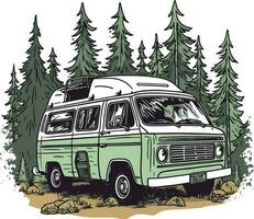 viaggio furgone nel davanti di un' foresta mano disegnato illustrazione, viaggio furgone mano disegnato illustrazione, magliette design illustrazione vettore