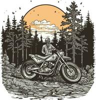 motociclo nel davanti di un' foresta mano disegnato illustrazione, motociclo mano disegnato illustrazione disegno, maglietta design illustrazione vettore