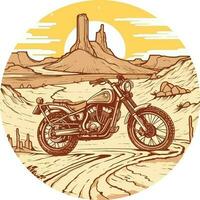 motociclo nel davanti di un' deserto mano disegnato illustrazione, motociclo mano disegnato illustrazione disegno, maglietta design illustrazione vettore