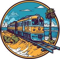 treno nel davanti di un' spiaggia mano disegnato illustrazione, treno mano disegnato illustrazione disegno, maglietta design illustrazione vettore