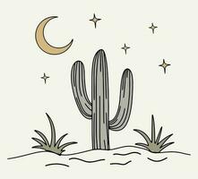 notte nel il selvaggio ovest. cactus, Luna e stelle. minimalismo cartone animato stile vettore