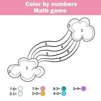 bambini educativo gioco. matematica attività. colore di numeri, stampabile foglio di lavoro. colorazione pagina con caduta stella. apprendimento aggiunta e sottrazione. conteggio gioco vettore