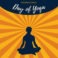 un' manifesto per internazionale giorno di yoga con un' donna seduta nel un' loto posizione. vettore