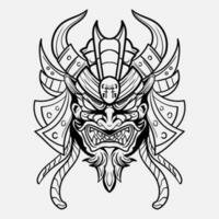 oni mostro maschera giapponese casco esercito samurai nel telaio incisione ornamento illustrazione nero e bianca tatuaggio e maglietta abbigliamento vettore