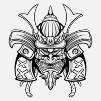 oni mostro maschera giapponese casco esercito samurai nel telaio incisione ornamento illustrazione nero e bianca tatuaggio e maglietta abbigliamento vettore