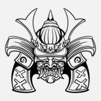 oni mostro maschera giapponese casco esercito samurai nel telaio incisione ornamento illustrazione nero e bianca tatuaggio e maglietta abbigliamento vettore