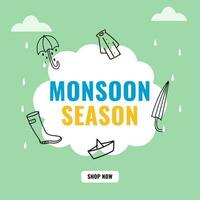monsone stagione vendita manifesto design con lineare ombrello, impermeabile, avvio, carta barca, gocce su bianca e verde sfondo. vettore