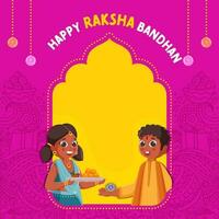 contento Raksha bandhan saluto carta con indiano bambini festeggiare Festival di rakhi su giallo e rosa paisley modello sfondo. vettore