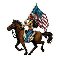 mano disegnato nativo americano indiano capo cavalcata cavallo e hold il Stati Uniti d'America bandiera vettore