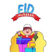 eid mubarak celebrazione concetto con allegro islamico ragazzo Tenere ketupat, regalo scatole su giallo e bianca sfondo. vettore
