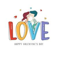 colorato amore font con coppia di bambini baci ogni altro su bianca sfondo per contento San Valentino giorno concetto. vettore