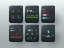 fitness App ui, UX schermi per inteligente orologi con multiplo puntamento opzioni. medico e tecnologia concetto. neon illuminazione. vettore