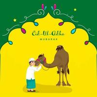 Eid-ul-Adha mubarak saluto carta con islamico giovane ragazzo alimentazione erba per cammello su giallo e verde sfondo. vettore