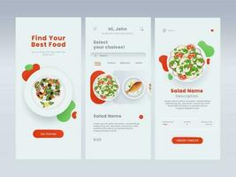 cibo ordinazione mobile App ui come Accedere, scelta piatti e descrizione modello disposizione contro grigio sfondo. vettore