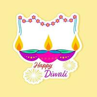 colorato ardente olio lampada con fiore ghirlanda appendere al di sopra di giallo sfondo sfondo per contento Diwali saluto etichetta. vettore