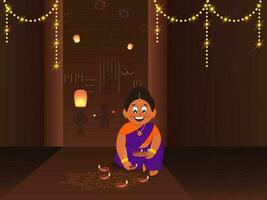 indiano donna personaggio decorazione rangoli con illuminato olio lampade, Diwali o deepawali Festival celebrazione concetto. vettore