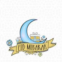 eid mubarak saluto carta con blu mezzaluna Luna, regalo scatole, floreale su bianca islamico modello sfondo. vettore