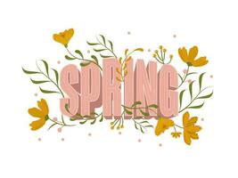 3d rosa primavera testo decorato con fiori, mini cuffie e le foglie su bianca sfondo. vettore