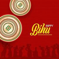 contento bihu celebrazione manifesto design con silhouette assamese persone danza e mandala tamburello su rosso strisce sfondo. vettore