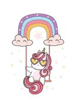 unicorno rosa magico sveglio del bambino con gli occhiali del cuore che si siedono sull'altalena arcobaleno, illustrazione di vettore di doodle del fumetto di favola di sogno, stile della scuola materna