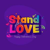 3d colorato pendenza In piedi per amore font con cuori, arco gocce su viola sfondo per contento San Valentino giorno. vettore