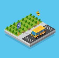 scuolabus sul parcheggio della strada per scolari e studenti. illustrazione vettoriale di educazione allo studio.
