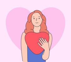 amore, concetto di San Valentino. ragazza donna felice ed elegante che guarda lontano mentre si tiene illustrazione stile linea moderna palloncino a forma di cuore vettore