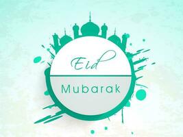 elegante eid mubarak font con silhouette moschea su bianca e turchese spazzola grunge sfondo. vettore