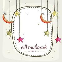eid mubarak saluto carta decorato con stelle, mezzaluna Luna appendere su bianca sfondo. vettore