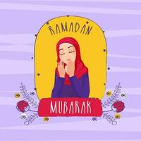 Ramadan mubarak font con islamico giovane donna offerta namaz preghiera, floreale decorato su arancia e viola strisce sfondo. vettore