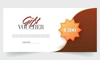 regalo voucher; tagliando bandiera o modello design con sconto etichetta su Marrone e bianca sfondo. vettore