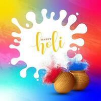 indiano Festival di colori, holi celebrazione concetto con colore spruzzi nel fango pentole su colorato astratto sfondo. vettore