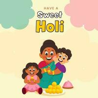 allegro indiano donna con sua bambini mangiare dolci su il occasione di holi celebrare. vettore