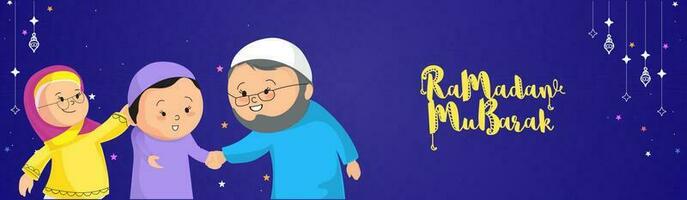 Ramadan mubarak font con islamico famiglia insieme su blu sfondo. vettore