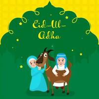 Eid-ul-Adha saluto carta con allegro islamico bambini Tenere capra su giallo e verde silhouette moschea sfondo. vettore