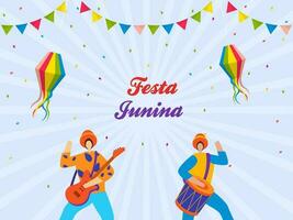 festa junina lettering con cartone animato brasiliano uomini giocando musica strumento, colorato lanterne appendere e pavese bandiere su blu raggi sfondo. vettore