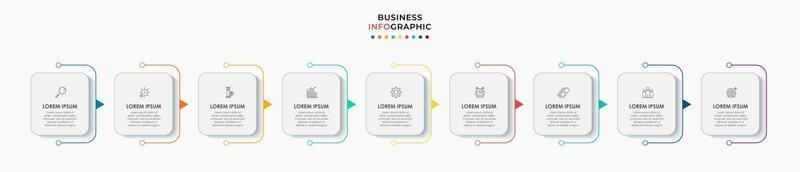 Il vettore di progettazione infografica e le icone di marketing possono essere utilizzate per il layout del flusso di lavoro, il diagramma, la relazione annuale, il web design. concetto di business con 9 opzioni, passaggi o processi.