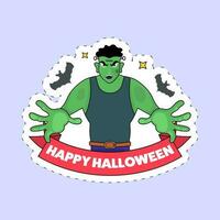 etichetta stile contento Halloween font con cartone animato zombie uomo e volante pipistrelli su blu sfondo. vettore