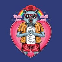 illustrazione di mascotte cool amore gatto arcobaleno vettore