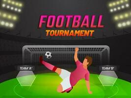 calcio torneo concetto con senza volto calciatore giocatore calciando palla e partecipando squadra un' vs B su stadio Visualizza sfondo. vettore