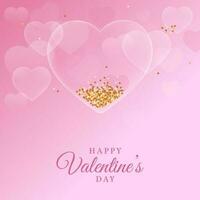 contento San Valentino giorno font con cristalleria cuori e luccichio effetto su lucido rosa sfondo. vettore
