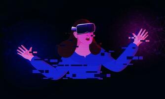 futuristico digitale tecnologia, metaverso, nft, virtuale la realtà concetto, giovane ragazza indossare vr, virtuale la realtà occhiali, sperimentare virtuale mondo, problema tecnico effetto. vettore