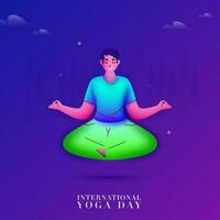 internazionale yoga giorno concetto con giovane uomo Meditare nel loto posa su pendenza blu e viola sfondo. vettore