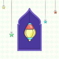 Arabo lanterne appendere a moschea finestra e stelle decorato su bianca floreale sfondo. vettore