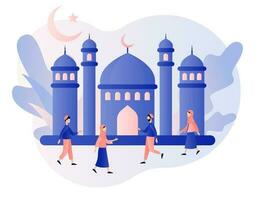 Ramadan kareem. moschea e santo mese. minuscolo persone salutare ogni altro eid mubarak vacanza. musulmano festa. moderno piatto cartone animato stile. vettore illustrazione su bianca sfondo