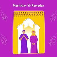 marhaban ya Ramadan lettering con senza volto musulmano coppia offerta namaz preghiera nel in piedi posa su colorato sfondo. vettore