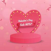 San Valentino giorno vendita manifesto design con sconto offerta, tendone cuore telaio e vuoto podio su rosa coriandoli bokeh sfocatura sfondo. vettore