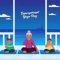 internazionale yoga giorno concetto con cartone animato donna e bambini fare alternato narice respiro yoga contro blu mare sfondo. vettore