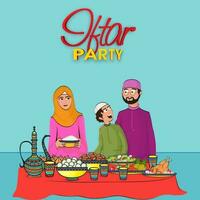 islamico famiglia invitante per iftar festa con delizioso Alimenti su tavolo illustrazione. vettore
