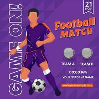 calcio incontro gioco su font con senza volto calciatore giocatore calciando palla su viola geometrico modello sfondo. vettore